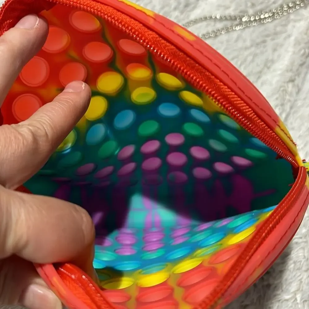 Pop Finity round crossbody purse silver chain nwt perfect fidget rainbow tie dye